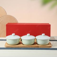 Bộ khay mứt Hoa Đào khắc nổi men ngọc Bát Tràng – Quà Tết cao cấp