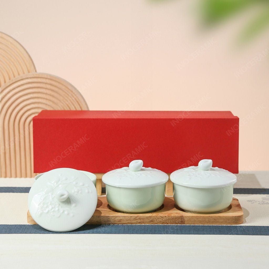 Bộ khay mứt Hoa Đào khắc nổi men ngọc Bát Tràng – Quà Tết cao cấp