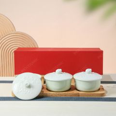 Bộ khay mứt Hoa Đào khắc nổi men ngọc Bát Tràng – Quà Tết cao cấp