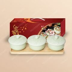 Bộ khay mứt Hoa Đào khắc nổi men ngọc Bát Tràng – Quà Tết cao cấp