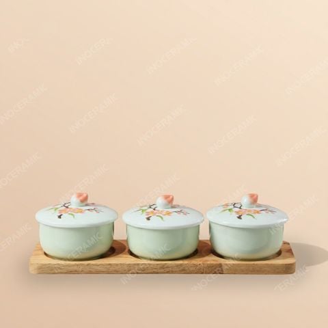 Set hũ mứt Hồng Đào Phú Quý men ngọc Bát Tràng – Quà Tết cao cấp