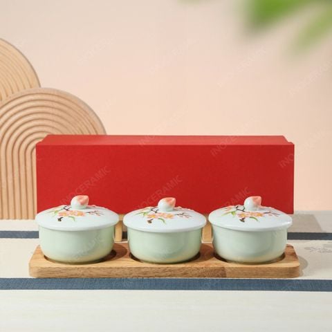 Set hũ mứt Hồng Đào Phú Quý men ngọc Bát Tràng – Quà Tết cao cấp