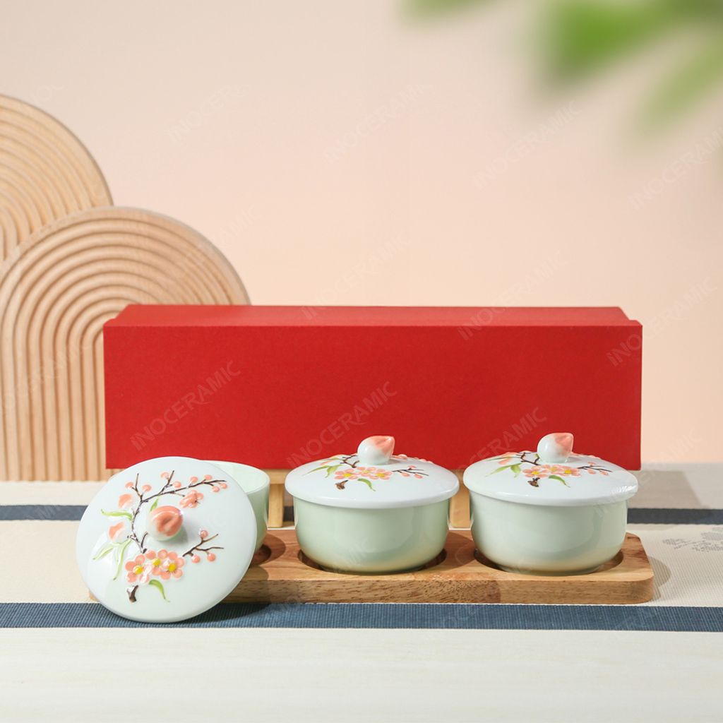 Set hũ mứt Hồng Đào Phú Quý men ngọc Bát Tràng – Quà Tết cao cấp