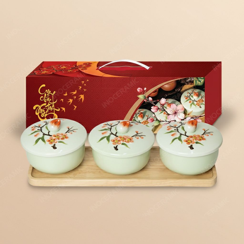 Set hũ mứt Hồng Đào Phú Quý men ngọc Bát Tràng – Quà Tết cao cấp