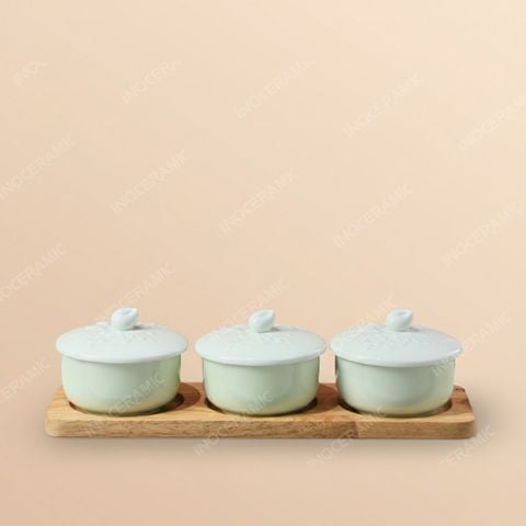 Bộ khay mứt Hoa Đào khắc nổi men ngọc Bát Tràng – Quà Tết cao cấp