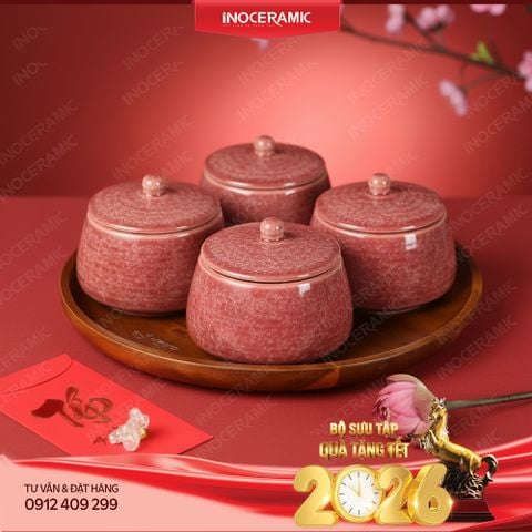Bộ hũ đựng mứt Ruby Hồng Đào gốm sứ Bát Tràng – Quà Tết sang trọng, tinh tế dành cho doanh nghiệp