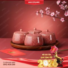 Bộ hũ đựng mứt Ruby Hồng Đào gốm sứ Bát Tràng – Quà Tết sang trọng, tinh tế dành cho doanh nghiệp