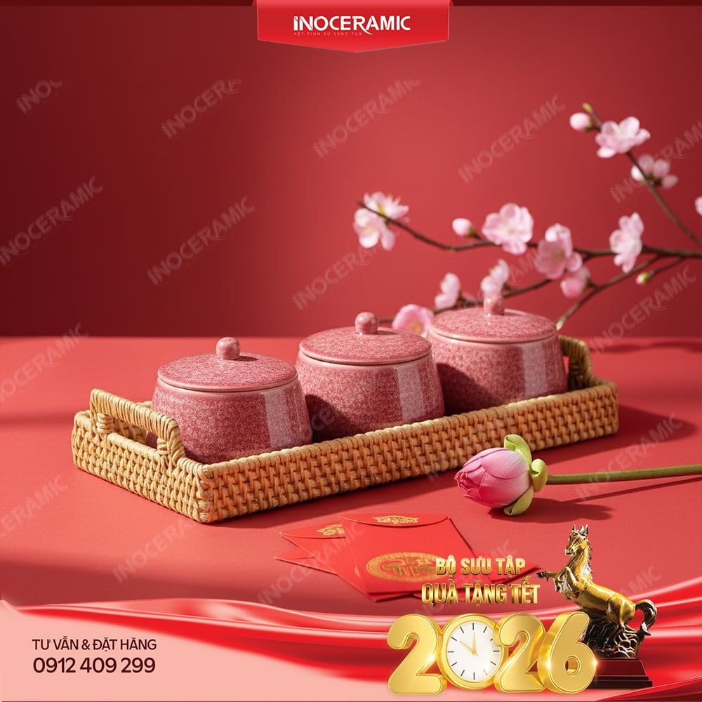 Bộ hũ đựng mứt Ruby Hồng Đào gốm sứ Bát Tràng – Quà Tết sang trọng, tinh tế dành cho doanh nghiệp