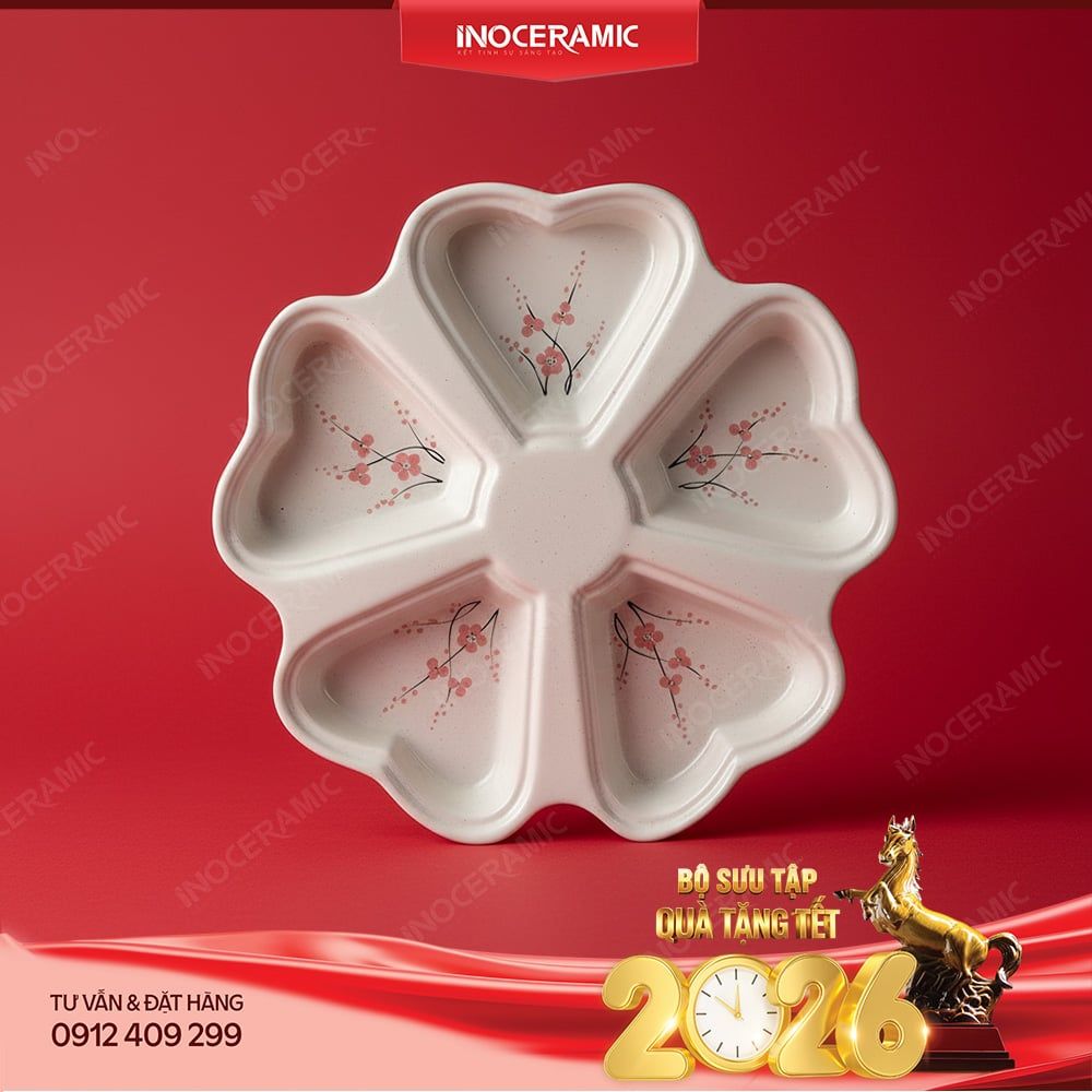 Khay mứt Đào Hồng vẽ tay Bát Tràng – Quà Tết cao cấp cho doanh nghiệp