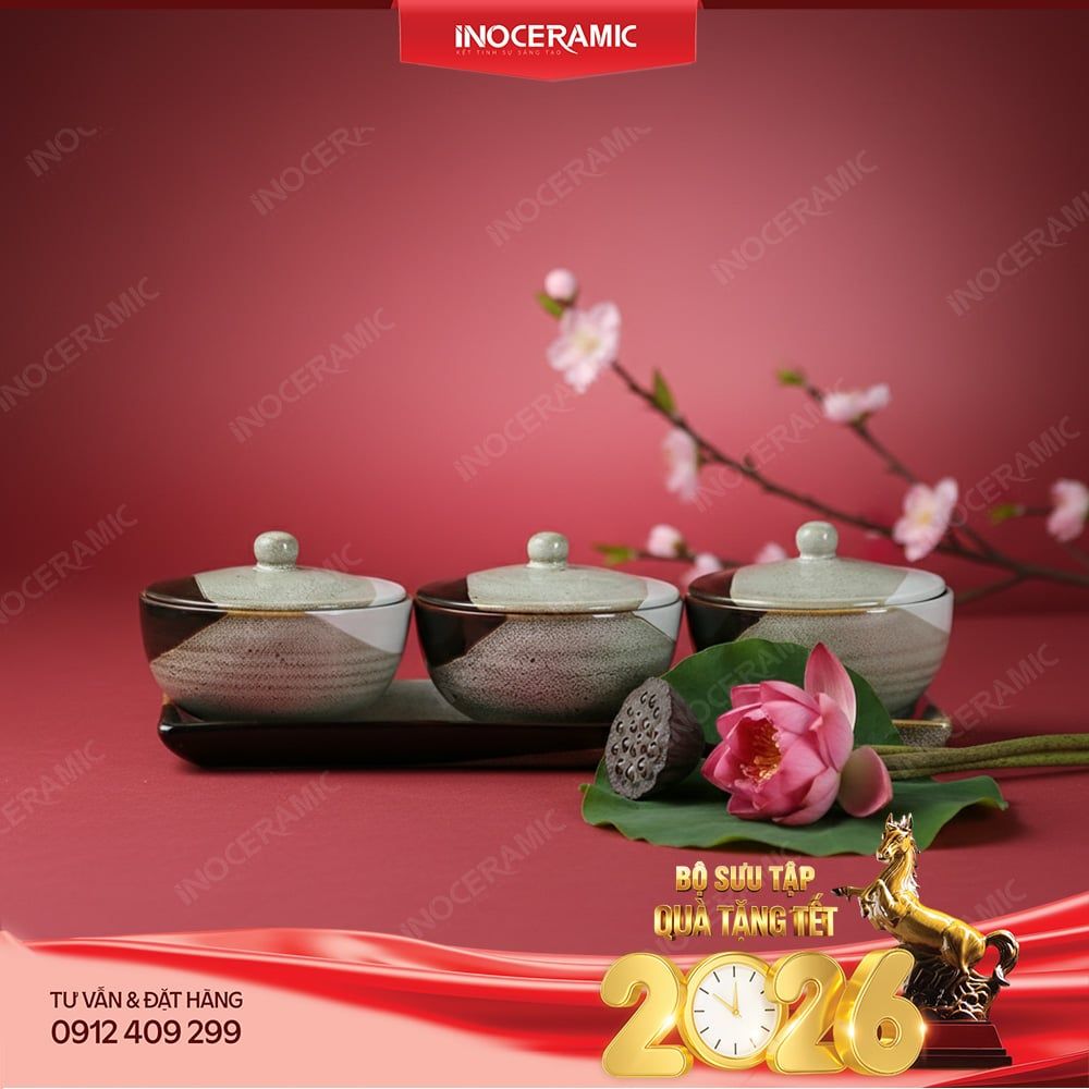 Khay 3 hũ đựng mứt men 3 màu Bát Tràng – Quà Tết doanh nghiệp cao cấp