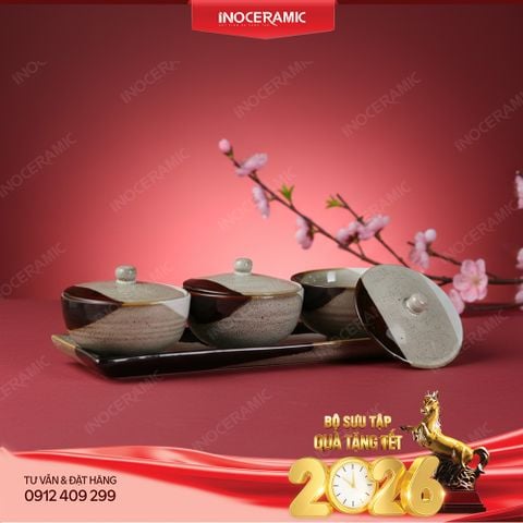 Khay 3 hũ đựng mứt men 3 màu Bát Tràng – Quà Tết doanh nghiệp cao cấp