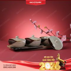 Khay 3 hũ đựng mứt men 3 màu Bát Tràng – Quà Tết doanh nghiệp cao cấp