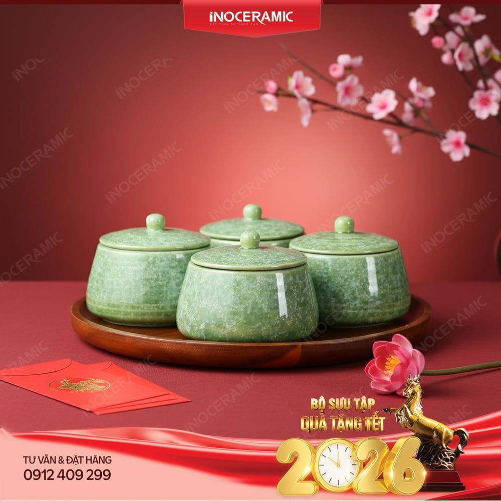Bộ hũ mứt Lục Thạch gốm sứ Bát Tràng cao cấp – Quà Tết doanh nghiệp sang trọng