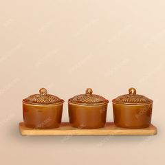 Bộ 3 hũ mứt vân sóng men hoàng thổ Bát Tràng – Quà tặng Tết cao cấp