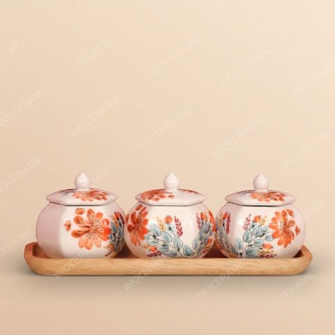Set 3 hũ mứt lục giác Hương Xuân men kem – Quà Tết Bát Tràng cao cấp
