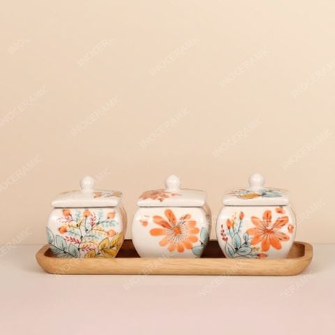 Set 3 hũ mứt vuông bầu Indochine Hương Xuân – Men Kem Bát Tràng cao cấp