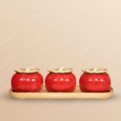 Khay 3 hũ mứt quả hồng men đỏ – Quà Tết gốm sứ Bát Tràng cao cấp