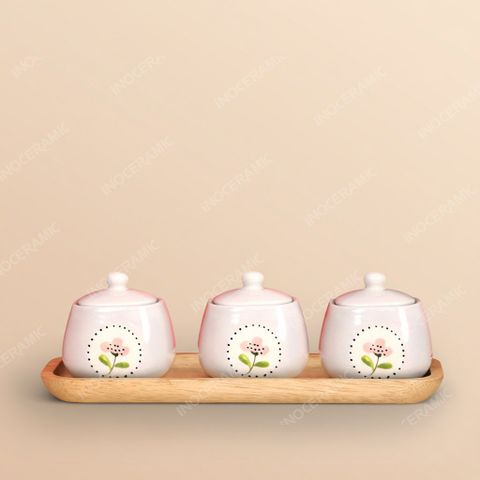 Bộ 3 hũ đựng mứt vuông vẽ tay Bát Tràng – Quà Tết cao cấp cho doanh nghiệp