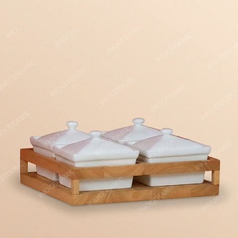 Khay 4 hũ mứt chữ nhật men trắng Bát Tràng – Quà Tết doanh nghiệp cao cấp