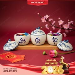 Bộ hũ mứt Bát Tràng chữ thư pháp hoa đào cobalt – Quà Tết Bính Ngọ cao cấp