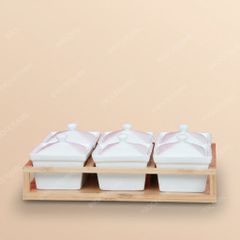 Khay 6 hũ mứt chữ nhật men trắng Bát Tràng – Quà Tết cao cấp in logo