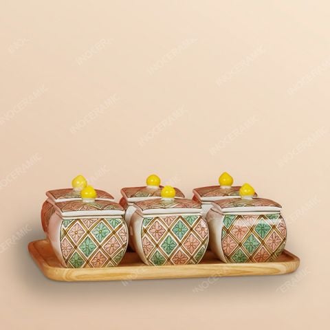 Bộ 6 hũ mứt vuông bầu vẽ trang trí Bát Tràng – Quà Tết cao cấp