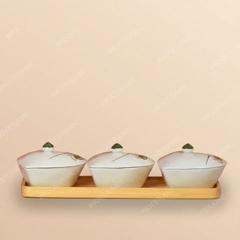 Bộ 3 hũ đựng mứt tim vẽ đài sen Bát Tràng – Quà Tết tinh tế, cao cấp