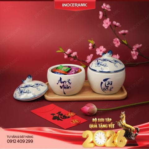 Bộ hũ mứt Bát Tràng chữ thư pháp hoa đào cobalt – Quà Tết Bính Ngọ cao cấp