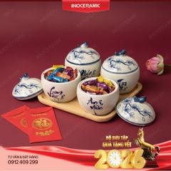 Bộ hũ mứt Bát Tràng chữ thư pháp hoa đào cobalt – Quà Tết Bính Ngọ cao cấp