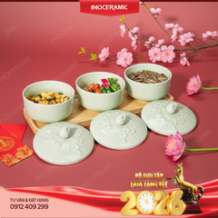 Bộ khay mứt Hoa Đào men ngọc Bát Tràng – Quà Tết doanh nghiệp cao cấp