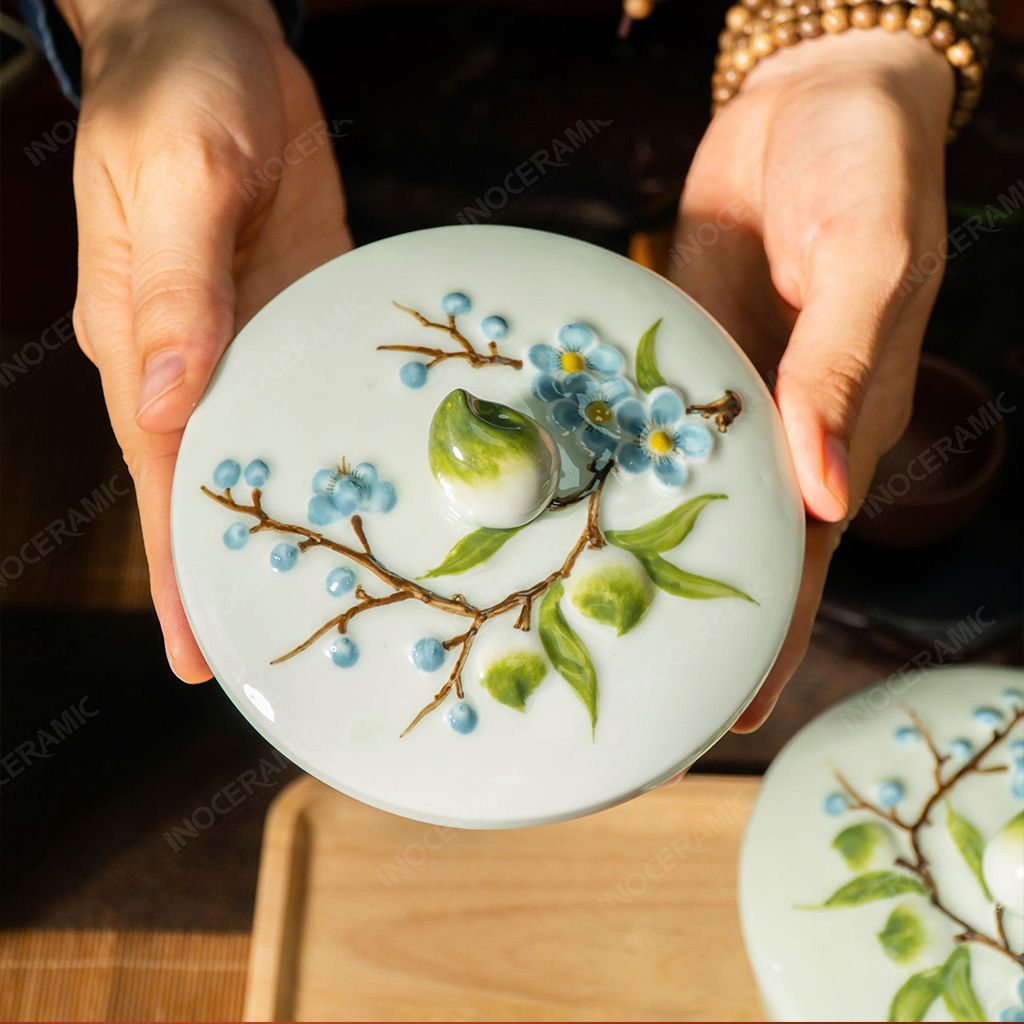 Khay hũ đựng mứt Thanh Đào Cát Tường men ngọc Bát Tràng – Quà Tết cao cấp