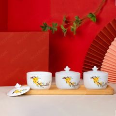 Khay 3 hũ mứt hoa mai vàng Bát Tràng – Quà Tết in logo doanh nghiệp