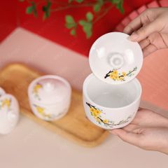 Khay 3 hũ mứt hoa mai vàng Bát Tràng – Quà Tết in logo doanh nghiệp