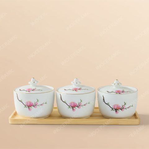 Bộ khay 3 hũ đựng mứt đào hồng vẽ vàng Bát Tràng – Quà Tết cao cấp in logo