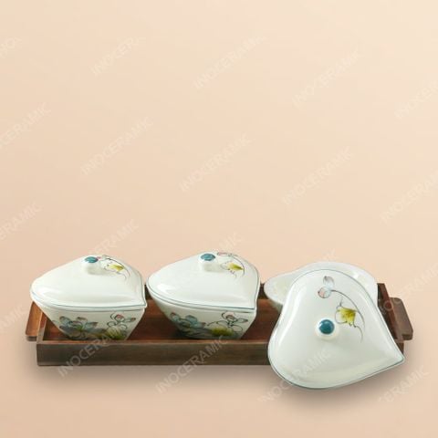 Set 3 hũ mứt sen màu vẽ tay Bát Tràng – Quà Tết cao cấp in logo sắc nét