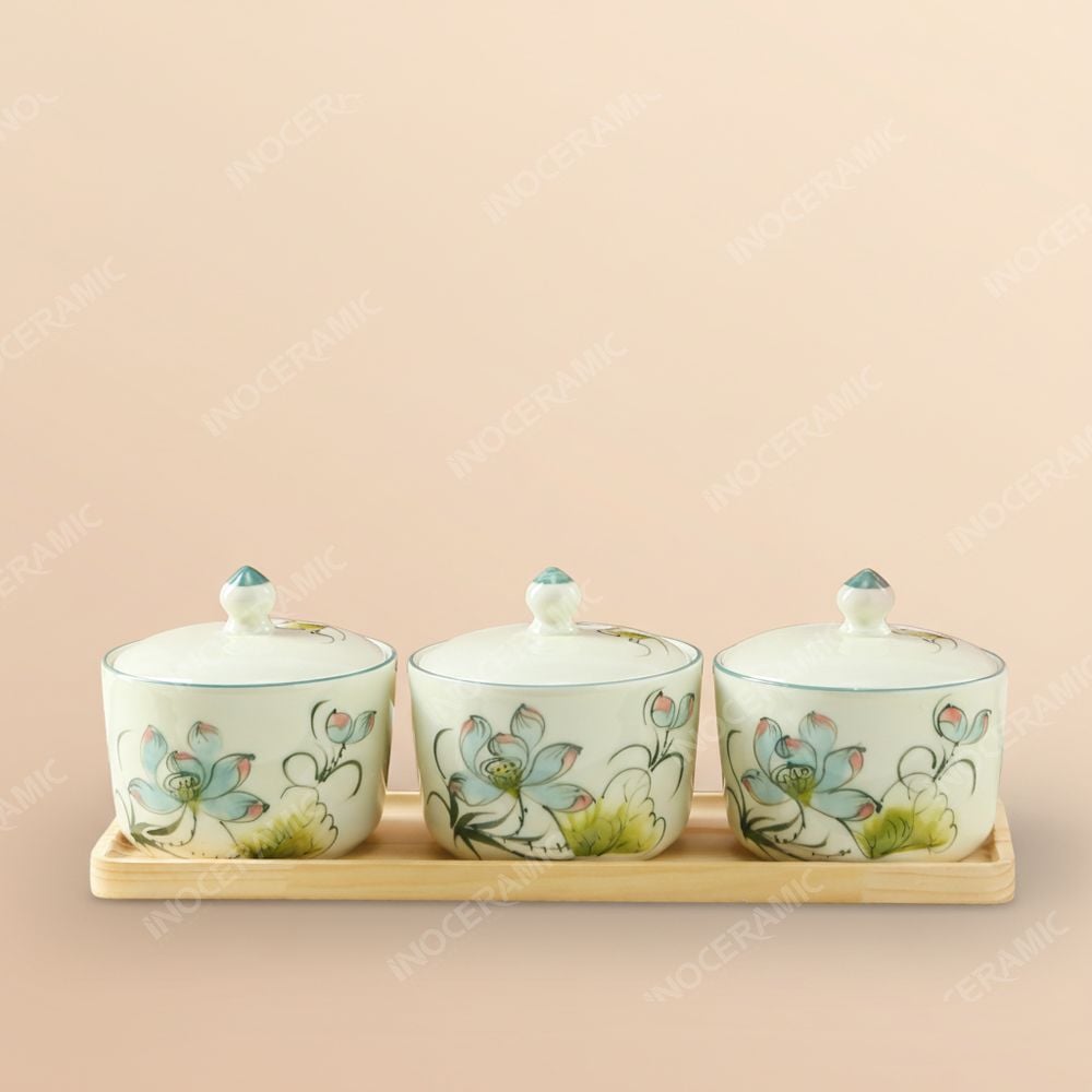 Bộ khay 3 hũ mứt Bát Tràng sen màu vẽ tay – Quà Tết in logo cao cấp
