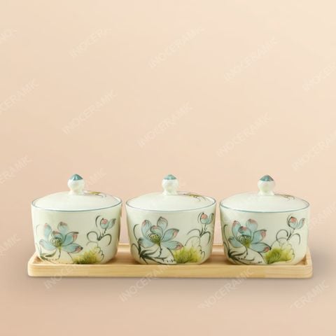 Bộ khay 3 hũ mứt Bát Tràng sen màu vẽ tay – Quà Tết in logo cao cấp