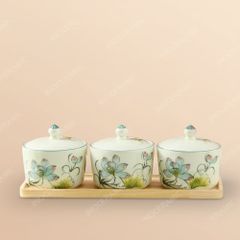 Bộ khay 3 hũ mứt Bát Tràng sen màu vẽ tay – Quà Tết in logo cao cấp