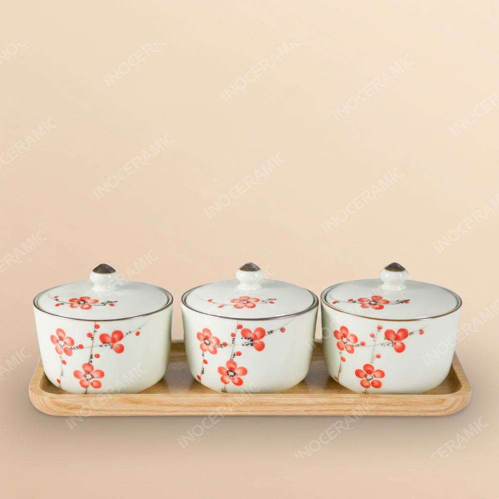 Set 3 hũ mứt hoa đào đỏ Bát Tràng – Quà Tết cao cấp in logo sắc nét