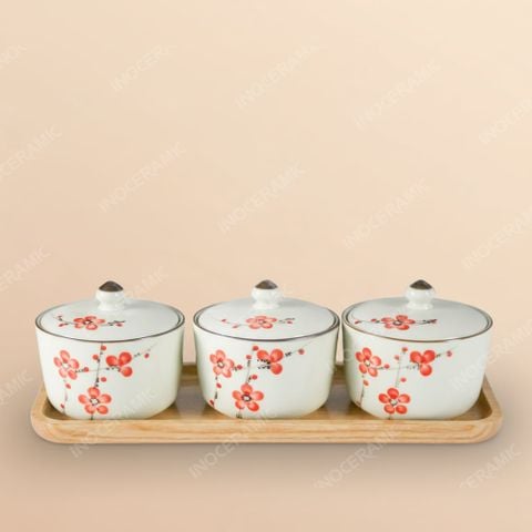 Set 3 hũ mứt hoa đào đỏ Bát Tràng – Quà Tết cao cấp in logo sắc nét