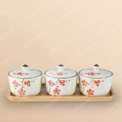 Set 3 hũ mứt hoa đào đỏ Bát Tràng – Quà Tết cao cấp in logo sắc nét