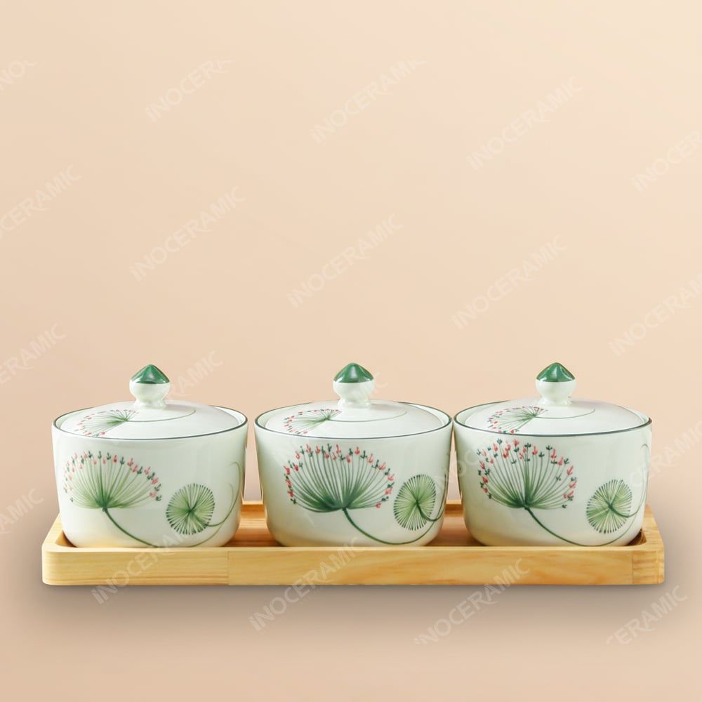 Combo 3 hũ đựng mứt bồ công anh Bát Tràng – Quà tặng Tết cao cấp in logo