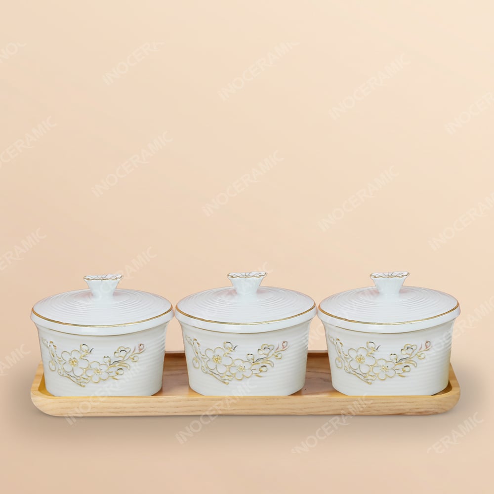 Combo 3 hũ mứt men trắng vẽ vàng Bát Tràng – Quà Tết doanh nghiệp cao cấp