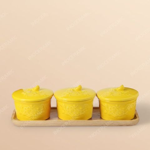 Set khay 3 hũ mứt men vàng Hoa Mai – Quà Tết Bát Tràng in logo cao cấp