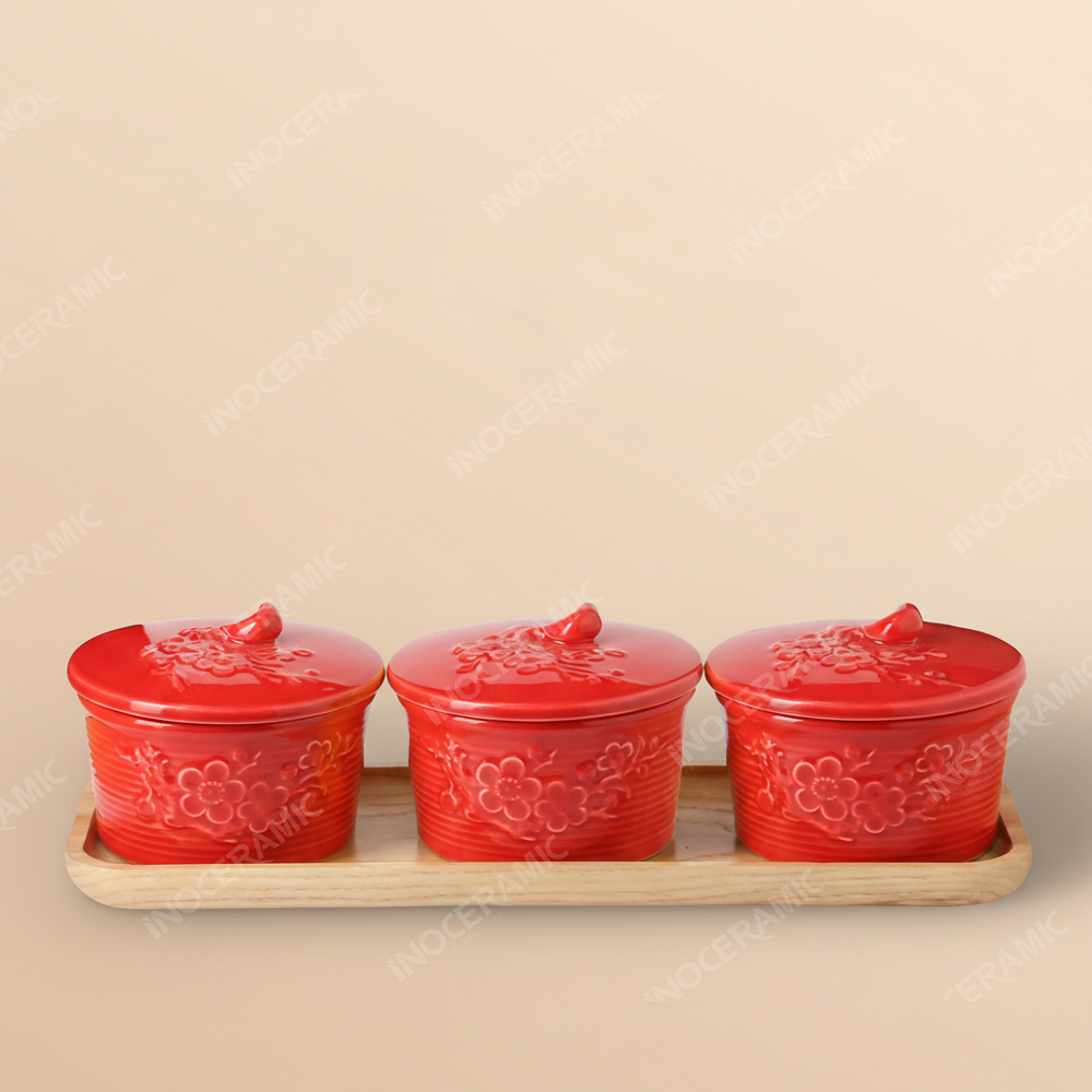 Khay 3 hũ mứt men đỏ Hoa Đào – Quà Tết Bát Tràng cao cấp in logo