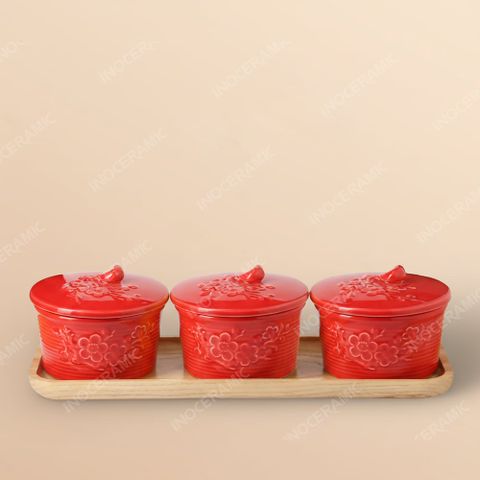 Khay 3 hũ mứt men đỏ Hoa Đào – Quà Tết Bát Tràng cao cấp in logo