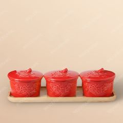 Khay 3 hũ mứt men đỏ Hoa Đào – Quà Tết Bát Tràng cao cấp in logo