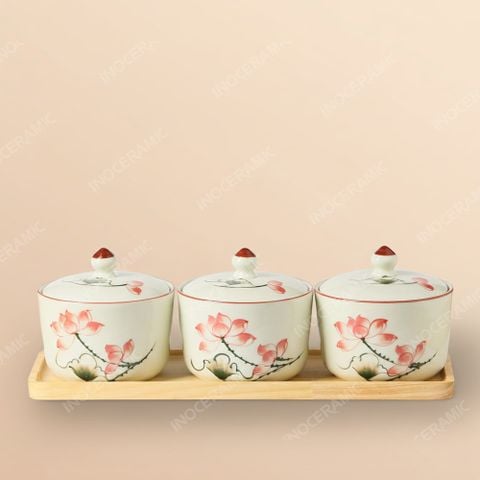 Bộ 3 hũ đựng mứt hoa sen hồng vẽ tay – Quà Tết Bát Tràng đậm hồn Việt