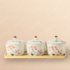 Bộ 3 hũ đựng mứt hoa sen hồng vẽ tay – Quà Tết Bát Tràng đậm hồn Việt
