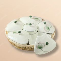 Bộ khay mứt 6 hũ Bồ Công Anh men kem Bát Tràng – Quà Tết doanh nghiệp sang trọng